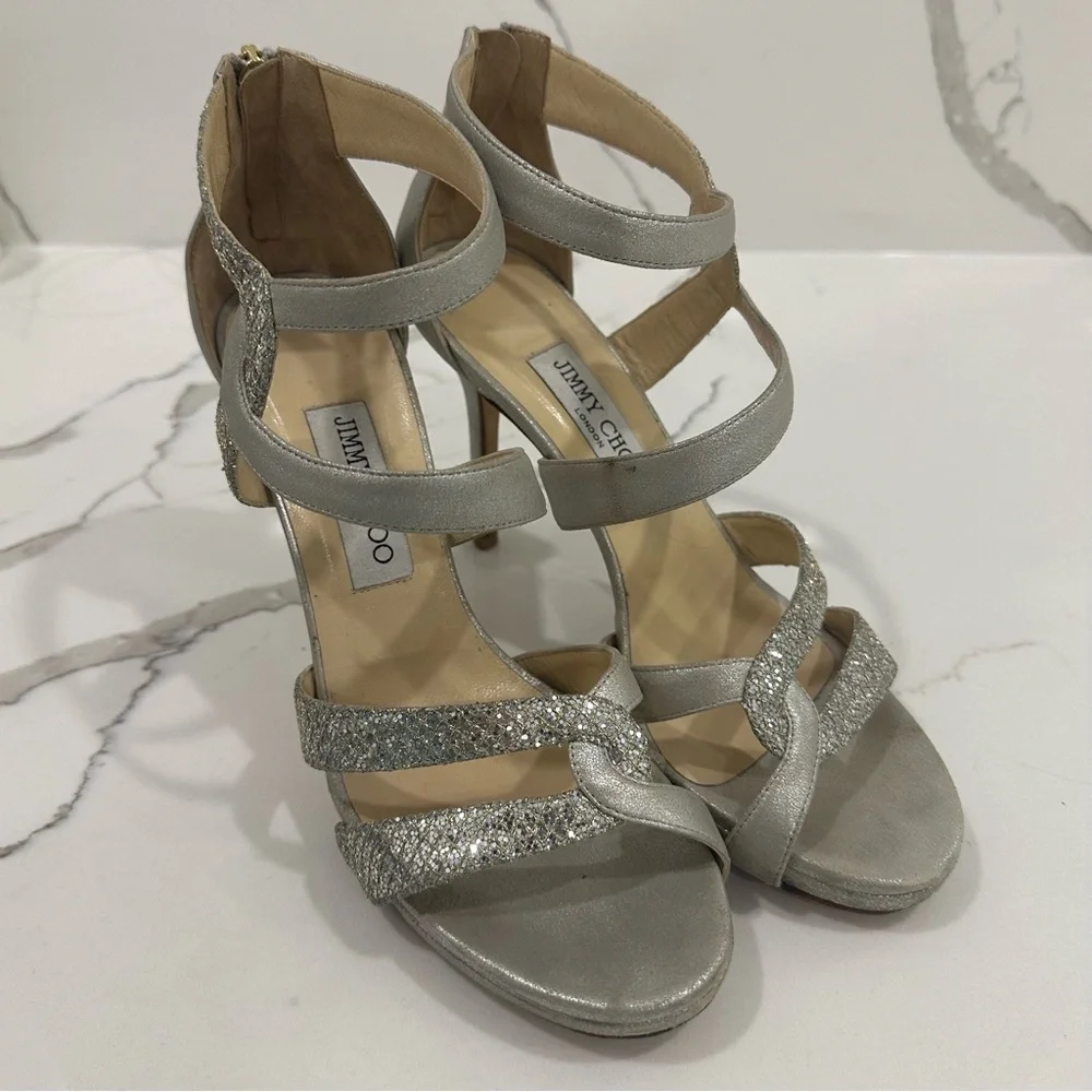 Jimmy Choo Authentic Designer Glittering Silver High Heels - Picture 5 of 16